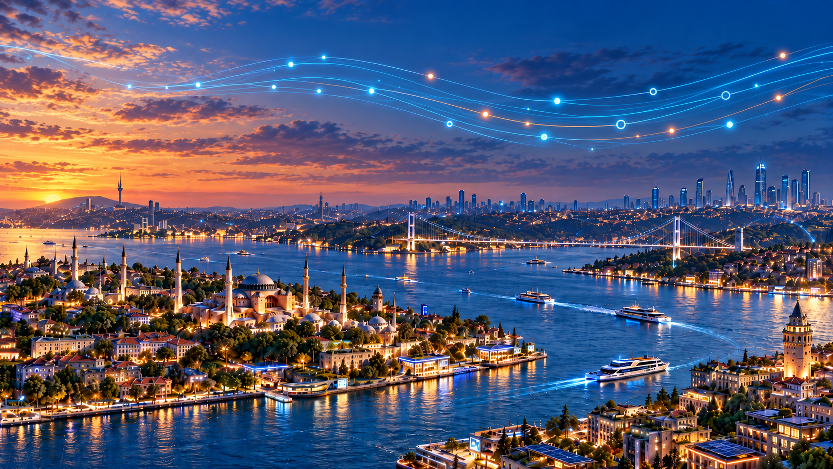 Istanbul's Bosphorus and bridges at sunset, with flowing light trails above the skyline