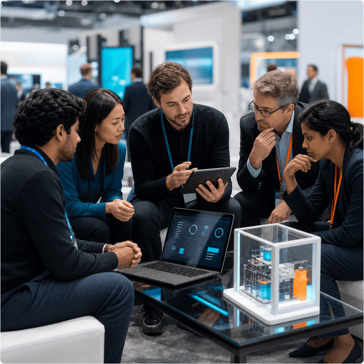 Attendees holding a B2B meeting about a startup project at a technology fair